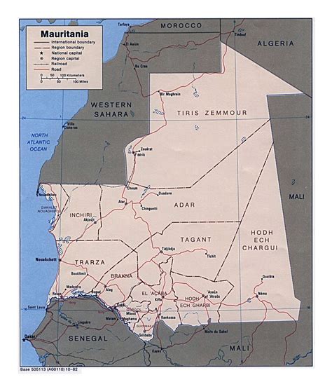 Detailed political and administrative map of Mauritania with roads, railroads and major cities ...