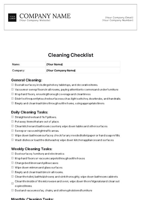 Free Canteen Cleaning Checklist Template to Edit Online