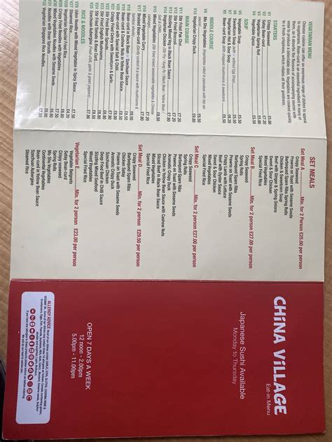 Menu at China Village restaurant, Faversham