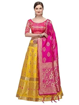 Buy JATRIQQ Yellow & Pink Woven Design Semi-Stitched Lehenga ...