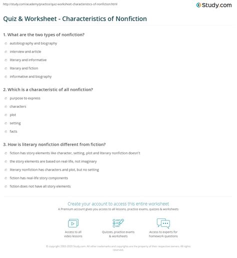 Quiz & Worksheet - Characteristics of Nonfiction | Study.com