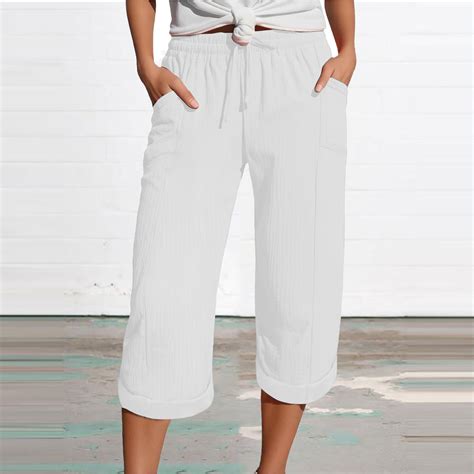 Bovemsi 2025 Women's High Waist Bubble Textured Linen 3/4 Cropped ...