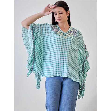 Buy The Kaftan Company Green Gingham Floral Embroidered Cotton Kaftan ...
