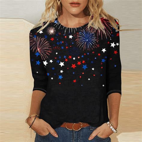 Cavosen 4th of July Clothes Women Petite Patriotic 3/4 Sleeve Round ...