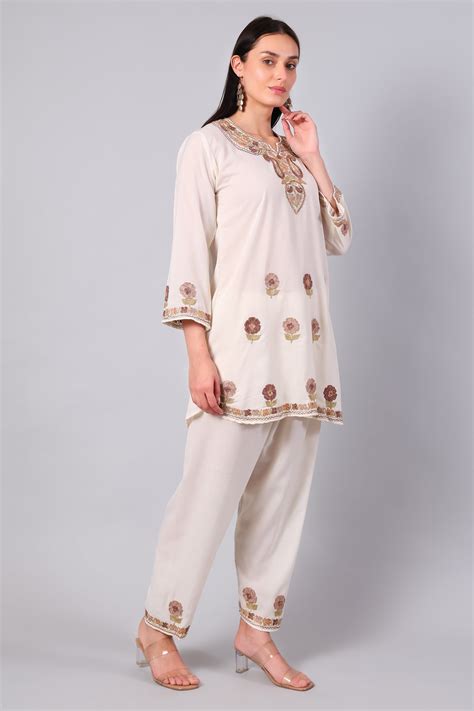Buy Cream Kashmiri Aari Co-ord Set with Floral Embroidery | Ruby Cotton ...