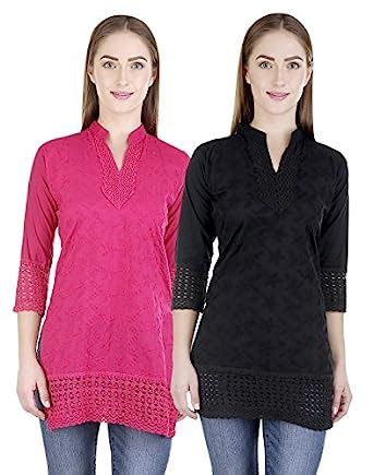 Buy Haniya Short Cotton Chikan Kurta Kurti Combo for Women (Black ...