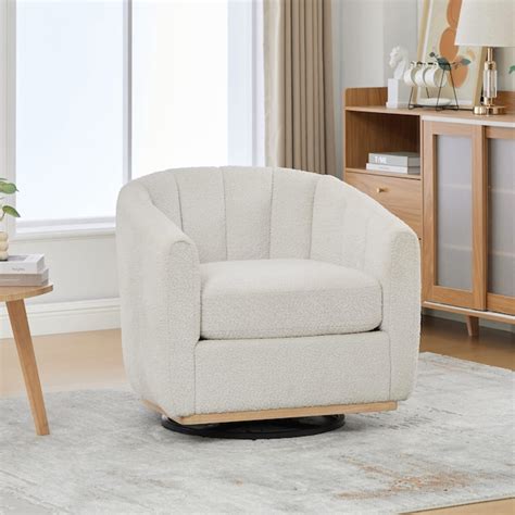 Vynxaria Series Ivory Chenille Swivel Barrel Chair Set of 1 with 360 ...
