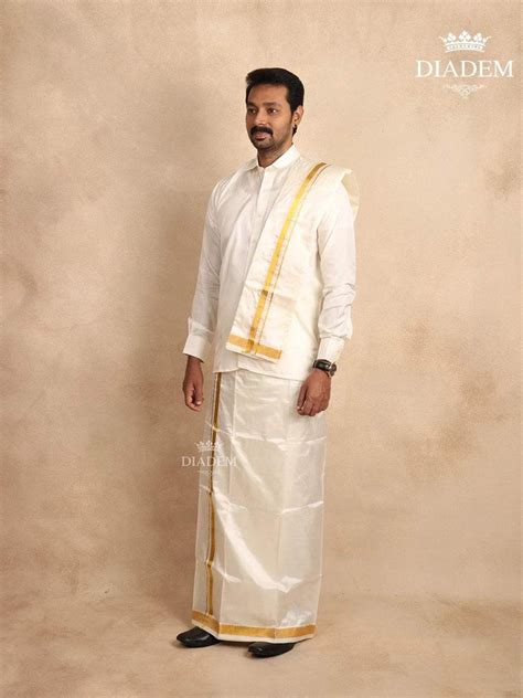 White Pure Silk Dhoti with Shirt, Paired with Towel | Diadem India