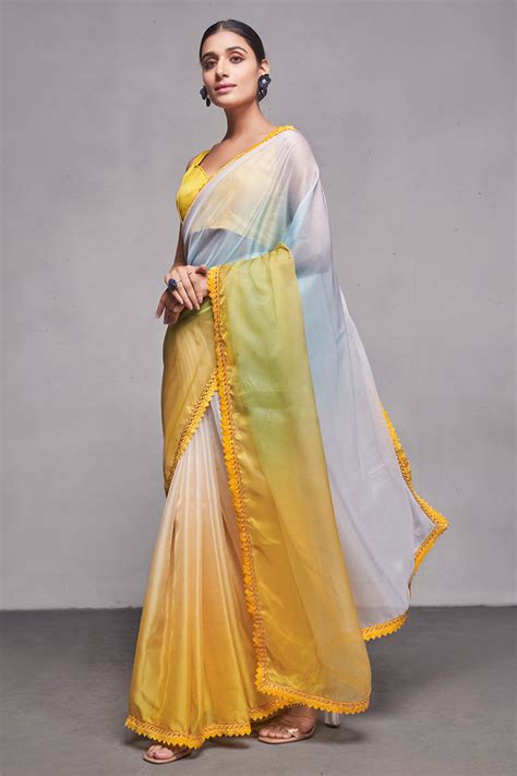 Buy Multi Color Organza Saree With Blouse Piece online-Karagiri