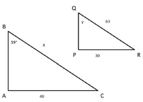 The two triangles are similar. Find the values of the unknown variables ...