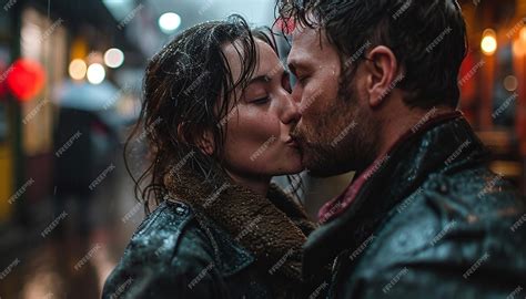Tender kisses Young couple man and woman hugging kissing under the rain ...