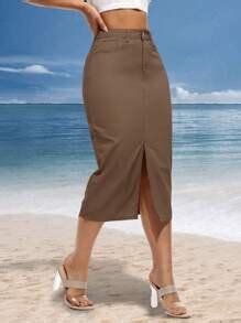 Breezaya Women's Solid Color Front Button Front Split Brown Pencil ...