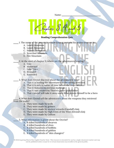 The Hobbit Chapters 3, 4, and 5 Quiz and Answer Key | Teaching Resources