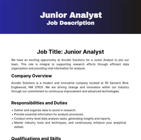 Free Junior Analyst Job Description Template to Edit Online