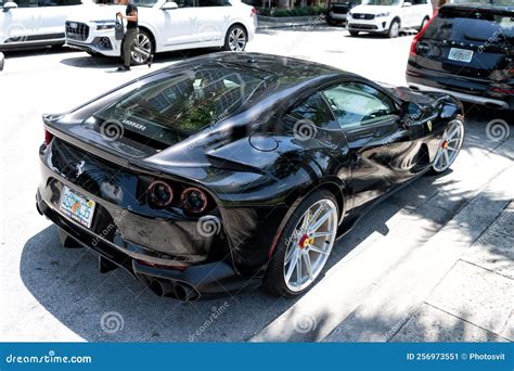 Miami Beach, Florida USA - April 15, 2021: Black Ferrari F12 Berlinetta Supercar, Corner View ...