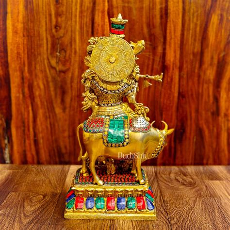 Brass Divine Krishna with Cow Statue 17 Inch | Budhshiv.com
