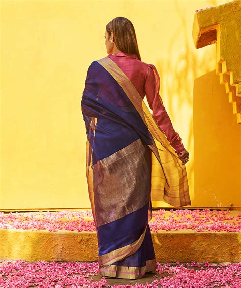 Blue Handloom Pure Cotton Silk Chanderi Saree With Gold Zari Border ...