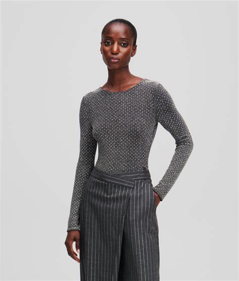 METALLIC RHINESTONE BODYSUIT | Gunmetal | Women | KARL LAGERFELD