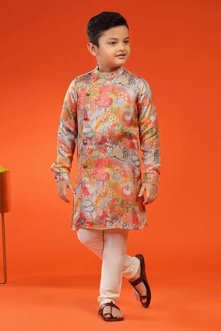 Buy Pink Silk Print Floral Retro Kurta With Churidar For Boys by Kora ...