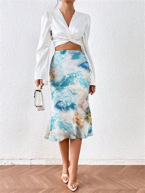 SHEIN Privé Marbled Mermaid Hem Skirt | SHEIN USA