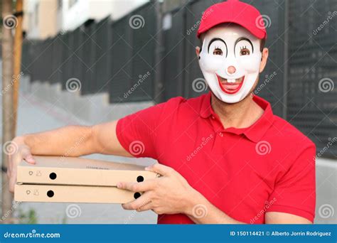 Pizza Delivery Guy Wearing a Weird Mask Stock Image - Image of monster ...