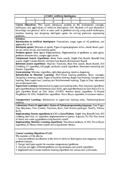 AI UCS411 syllabus updated - UCS411: Artificial Intelligence L T P Cr 3 ...