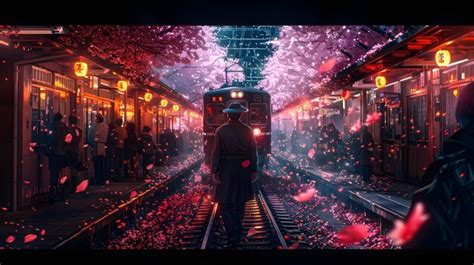 Train station night illustration with cherry blossoms | Premium AI ...