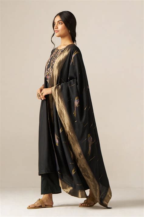 Black Pashmina Embroidered Kurta Set - Ganga Fashions