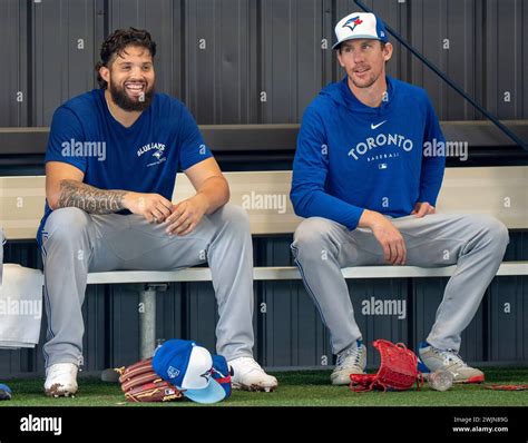 Toronto Blue Jays pitchers Alek Manoah, left, and Chris Bassitt take a ...