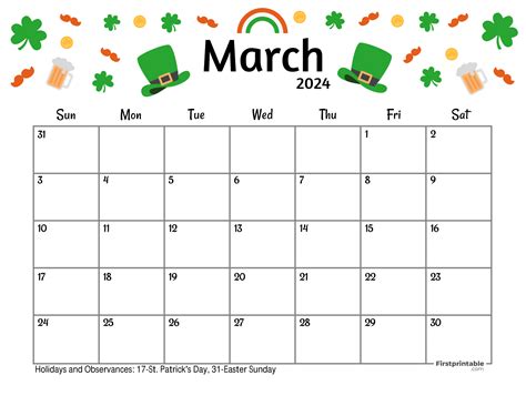 Free Printable, Editable & Fillable March Calendars 2024 with Holid ...