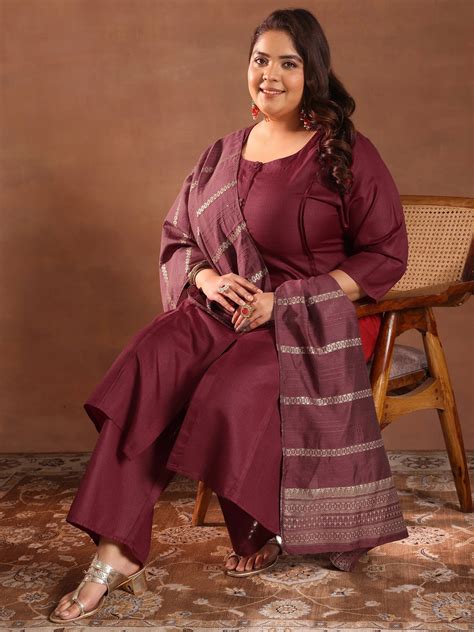 Buy Plus Size Maroon Solid Cotton Blend Straight Suit Set With Dupatta ...