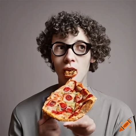 Playful man smiling and eating pizza on Craiyon