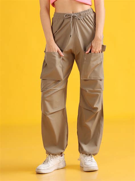 Women Beige Baggy-Fit Utility Joggers with 4-Pocket Design – The Dance ...