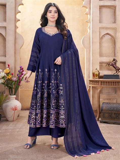 ⚡️Buy Enchanting Navy Blue Foil Printed Silk Event Wear Anarkali Suit ...