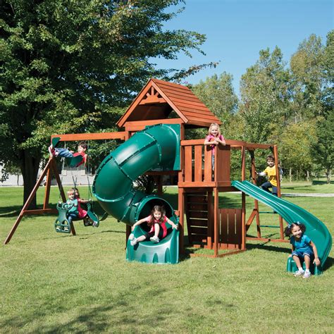 Swing-N-Slide Grandview Twist Wood Swing Set with Tube Slide, Monkey ...