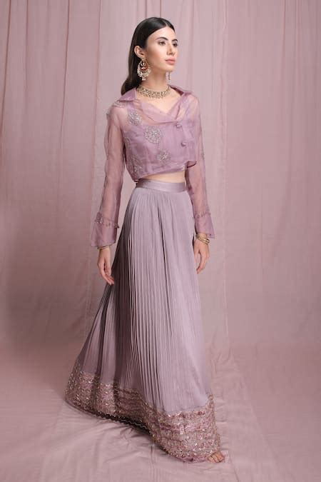 Buy Purple Nirvana Crepe Jacket Organza Jacket Spread Pleated Skirt And ...