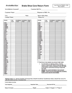 Brake Shoe Core Return BFormb - CCC Parts Company - PRICING - Fill and ...