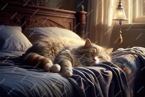 Premium Photo | Sleepy cat on the comfortable bed in house background ...
