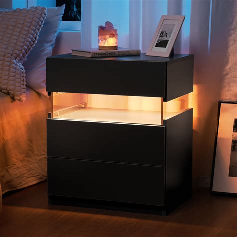 Ivy Bronx Jacleen LED Nightstands 3 Drawer Dresser End Table with ...