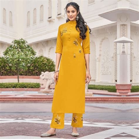 Imposing Mutard Yellow Colored Partywear Embroidered Cotton Slub Kurti ...
