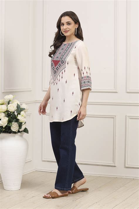 Buy Ecru LIVA Straight Printed Kurti Online at Biba India