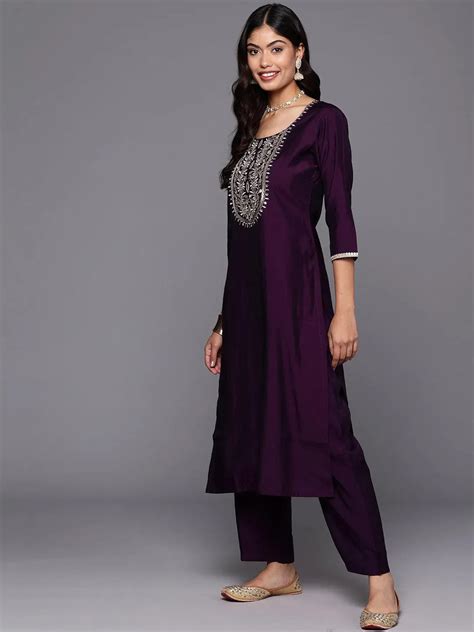 Buy Purple Yoke Design Silk Blend Straight Suit With Dupatta Online at ...
