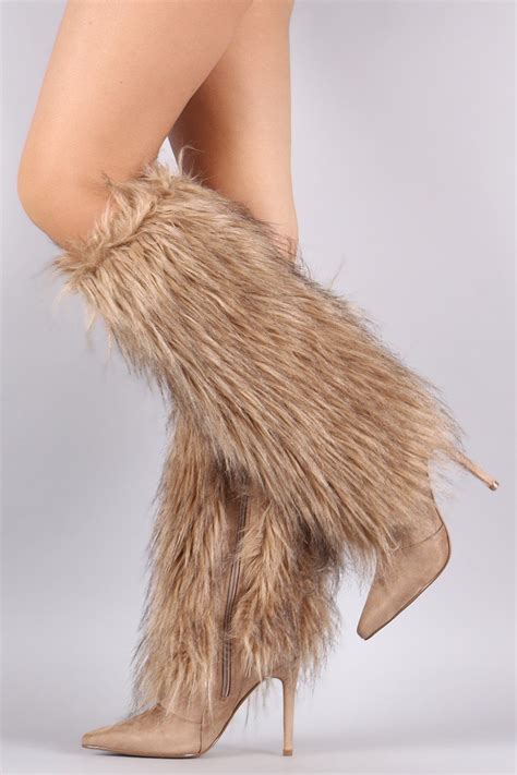 Faux Fur Shaft Pointy Toe Stiletto Knee High Boots | Shoe boots, Knee ...