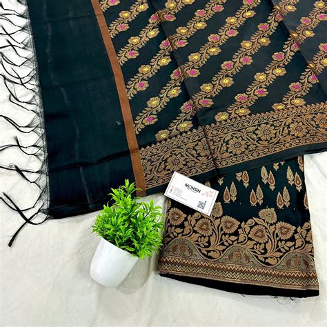 Black Kadi Patti Satin Silk Banarasi Suit – Mohsin Textiles