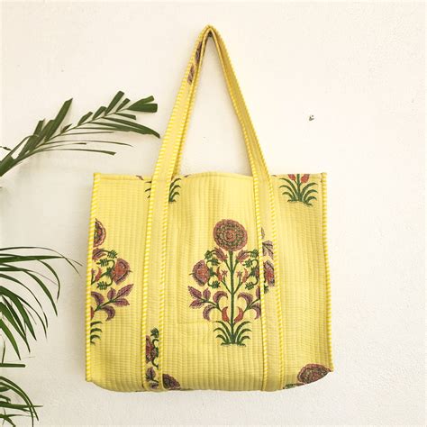 Quilted Tote Bag - Yellow With Flower Motif – Sanskruti