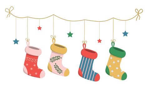 Cartoon Christmas stockings with holiday ornaments. Hanging socks with xmas patterns on rope ...