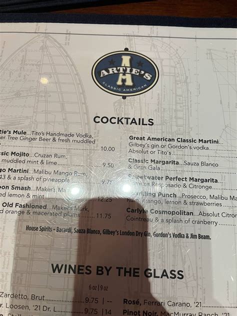 Menu at Artie's steakhouse, Fairfax