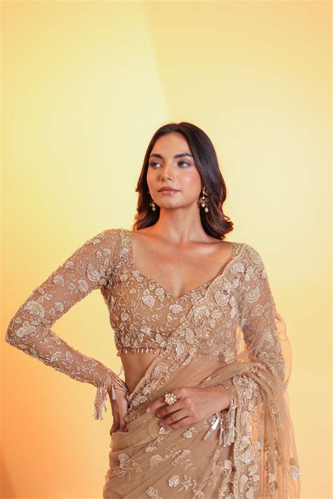 Buy Mehrin Champagne Hand Embroidered Tulle Saree with Tassels | Rouje ...