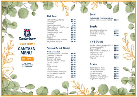 2023 Term 1 Canteen Menu - Canterbury College