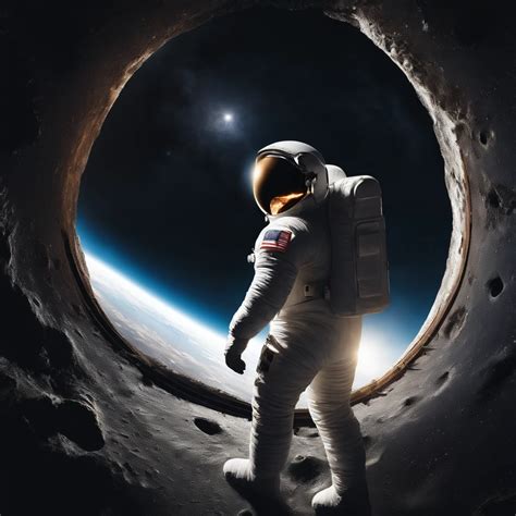 An astronaut in a space suit standing in a hole with a view of the ...